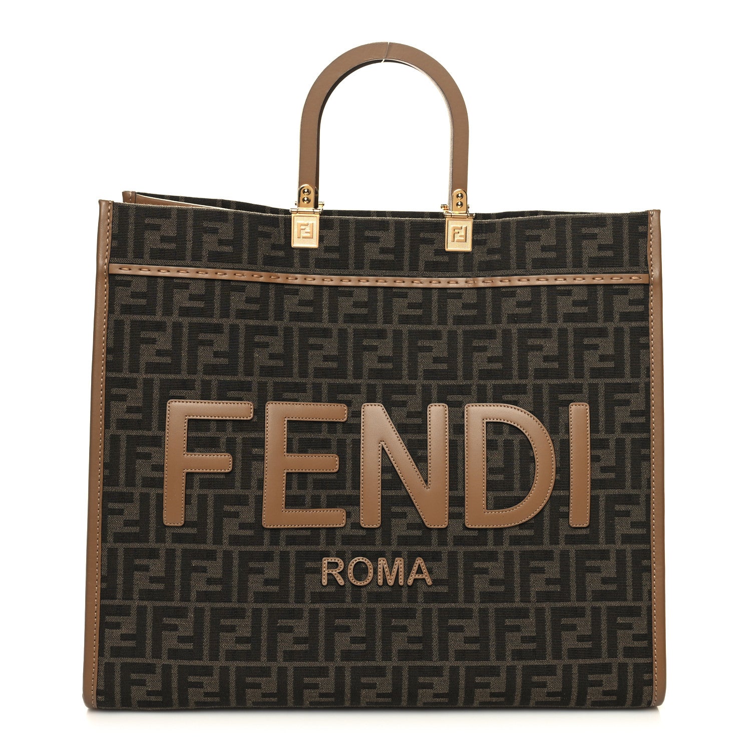 Fendi Fabric Jacquard FF 1974 Logo Large Fendi Sunshine Shopper Tote Tobacco Moro Sand 1 of 11