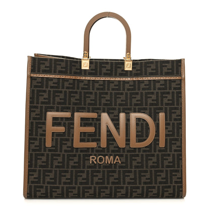 Fendi Fabric Jacquard FF 1974 Logo Large Fendi Sunshine Shopper Tote Tobacco Moro Sand 1 of 11