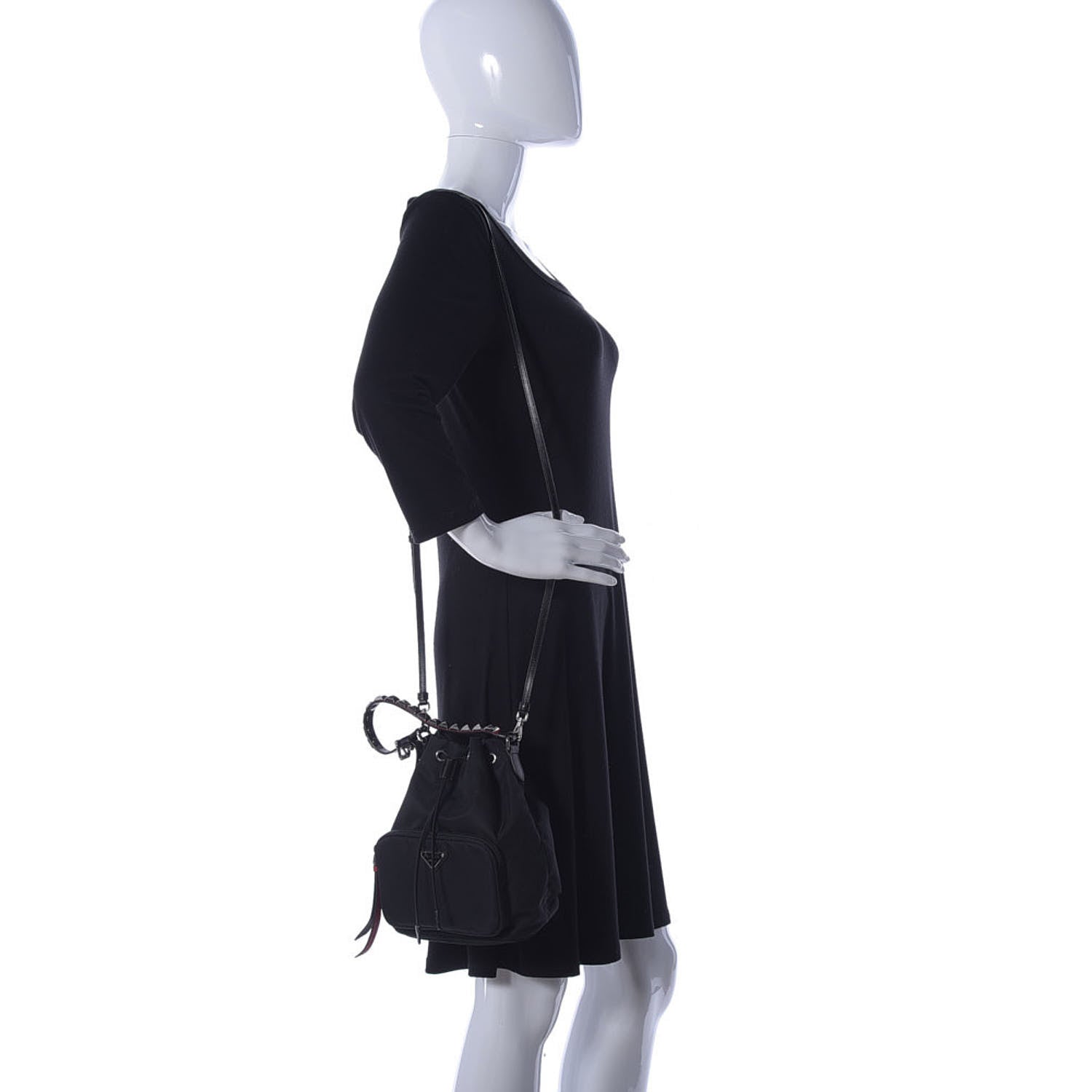 Prada Tessuto Nylon Studded New Vela Mini Bucket Crossbody Bag Black Fuoco 2 of 10