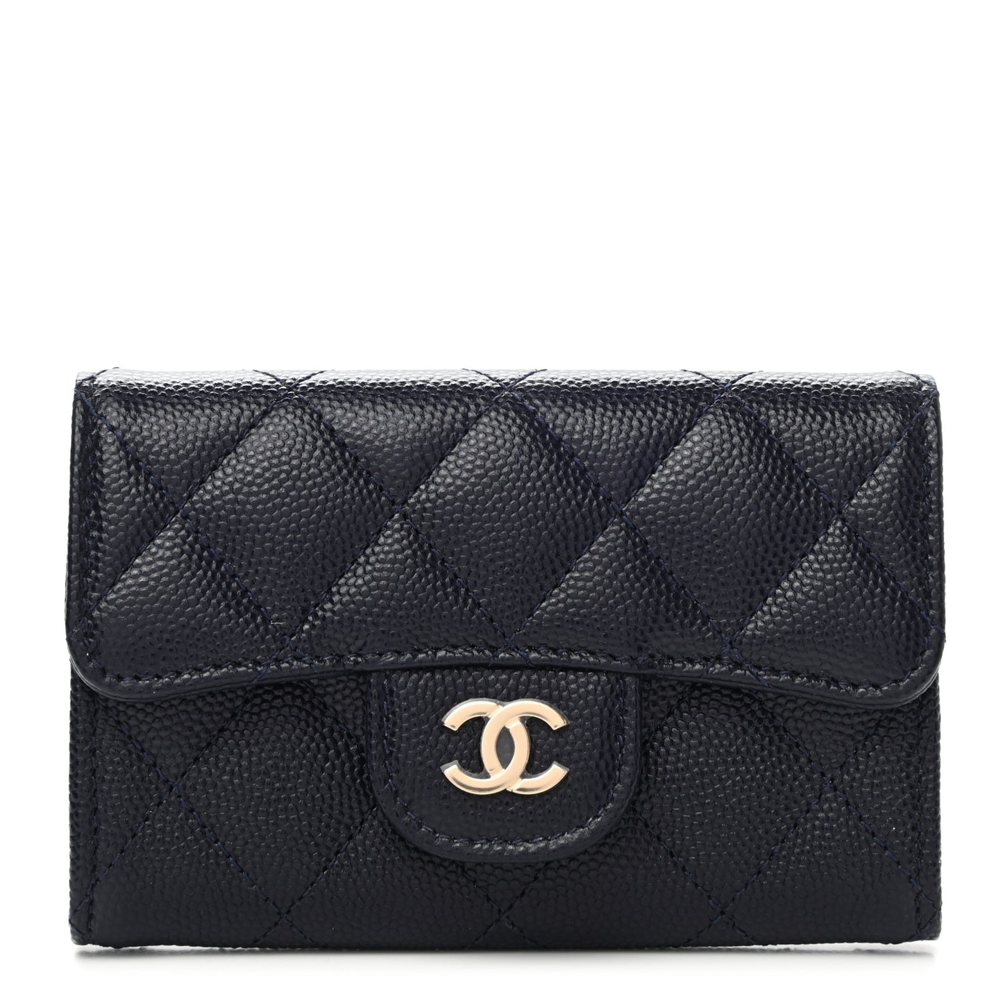 Caviar Quilted Flap Card Holder Wallet Dark Blue