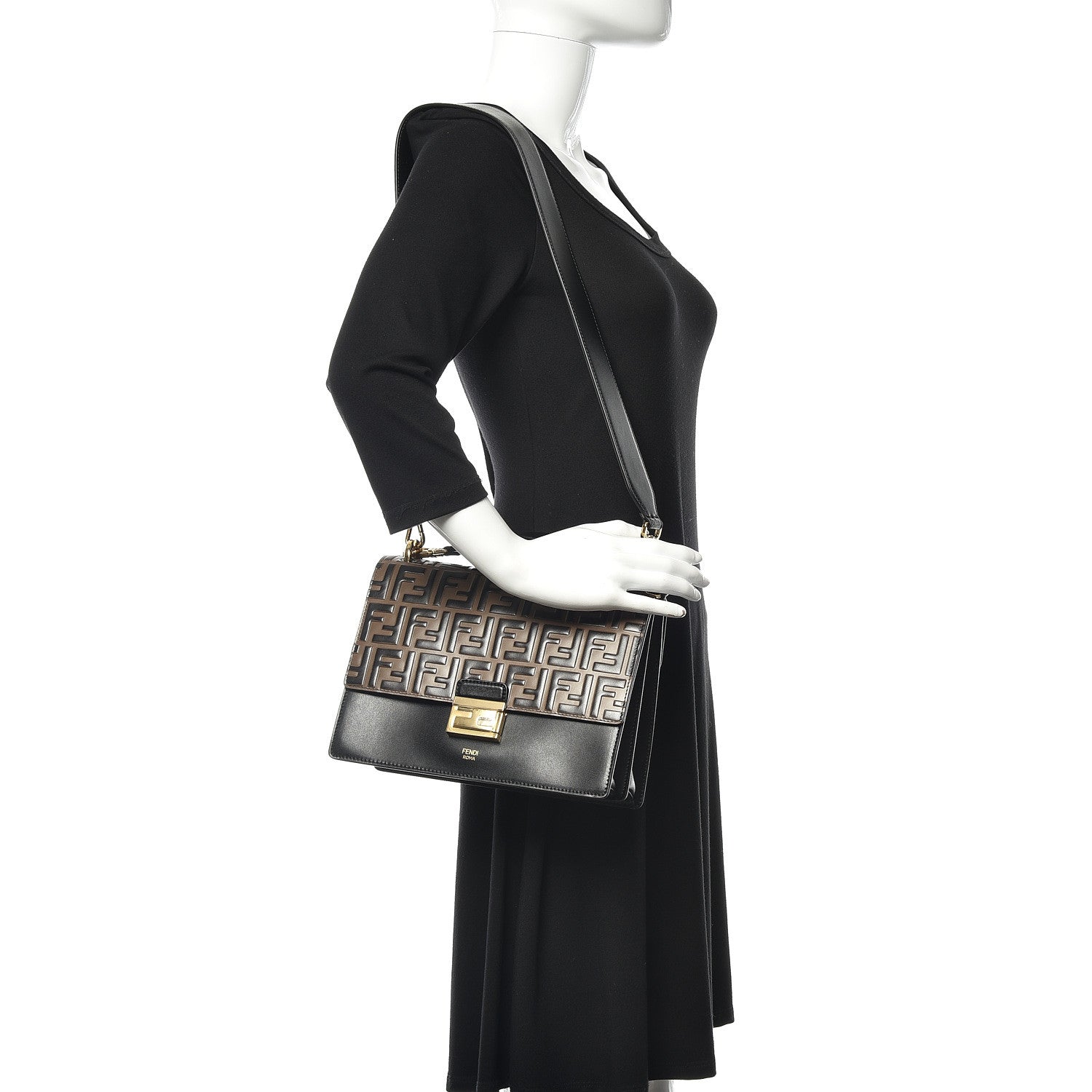 Fendi Vitello Liberty Bi-Color FF 1974 Embossed Kan U Shoulder Bag Black Maya 3 of 12