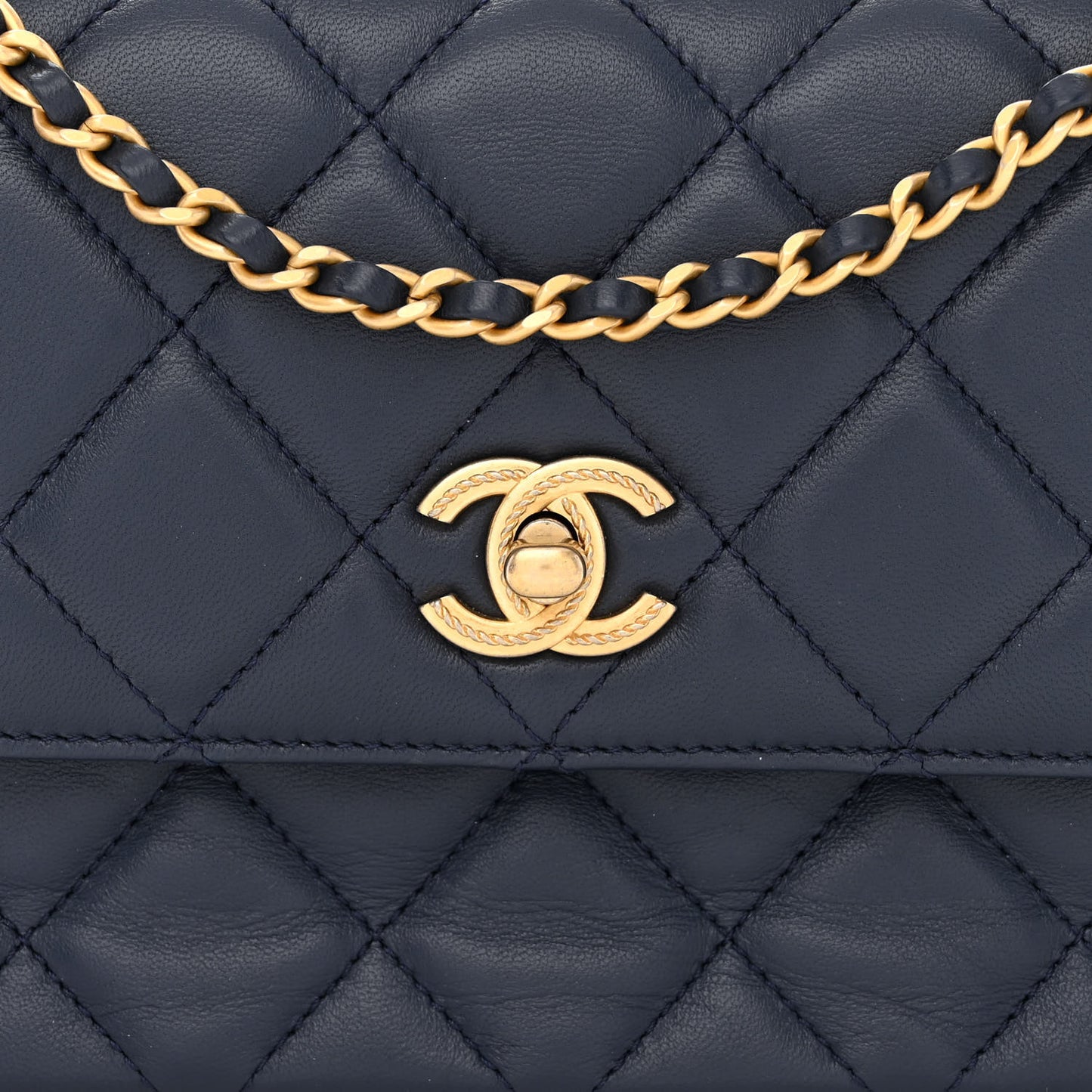 Lambskin Metal Quilted Twist Top Handle Flap With Chain Blue