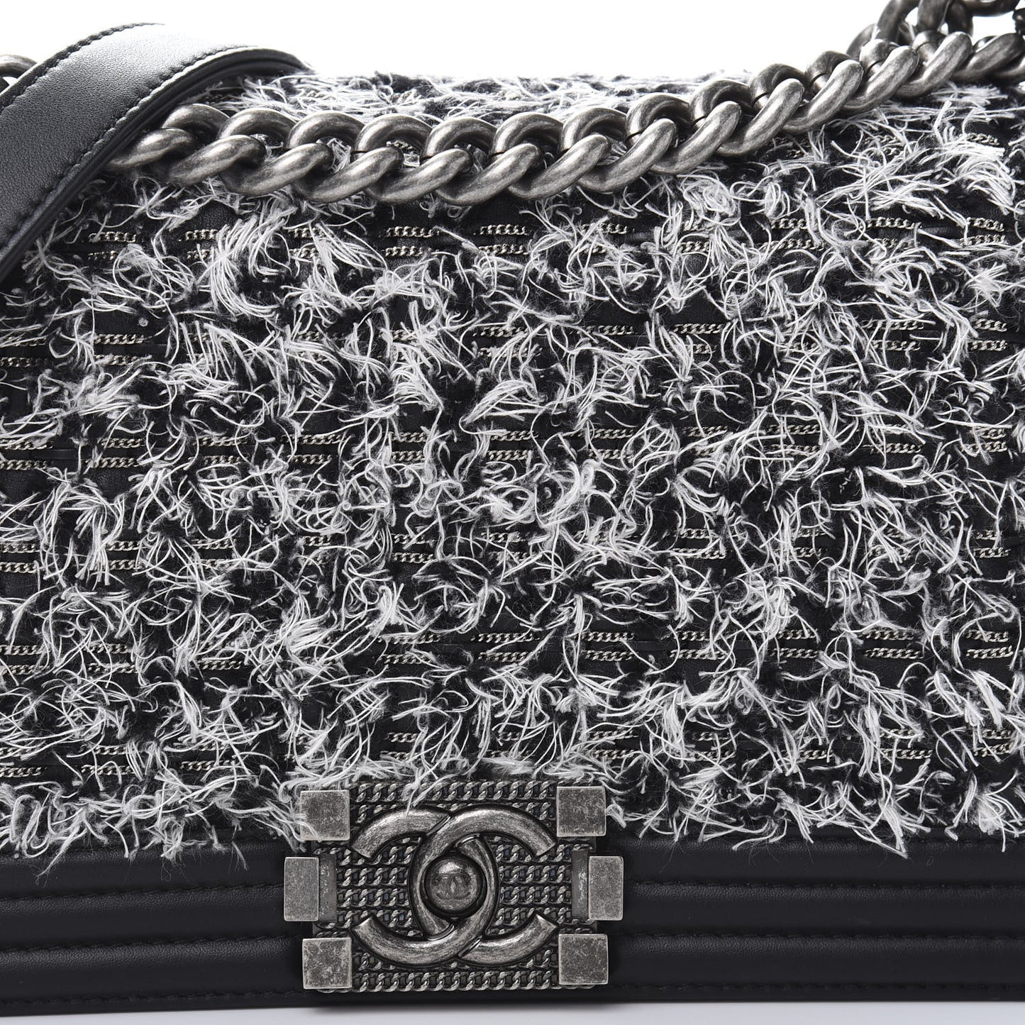 Tweed Calfskin Medium Boy Flap Black White