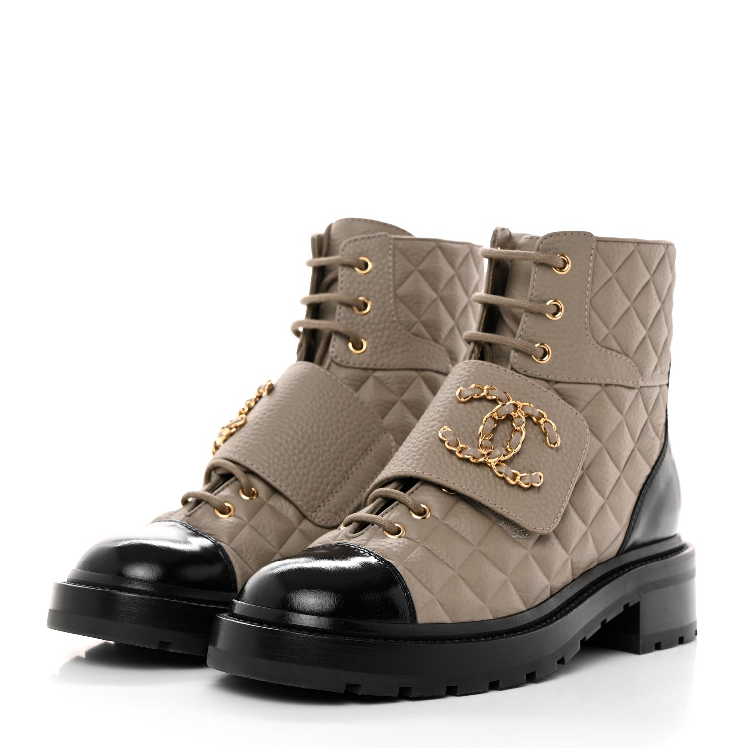 Chanel Calfskin Shiny Calfskin Quilted Lace Up Combat Boots 39 Dark Beige Black 3 of 9