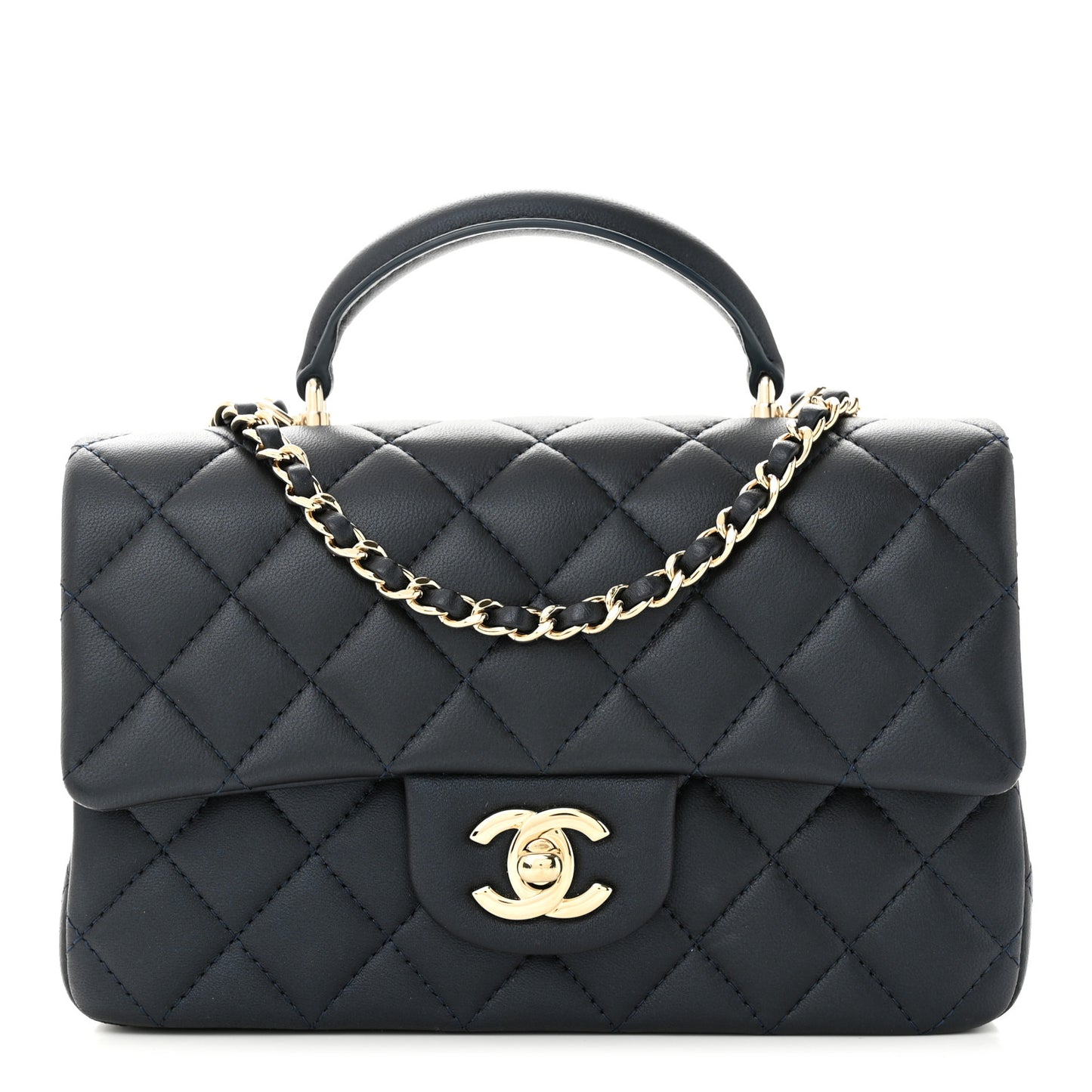 Lambskin Quilted Mini Top Handle Rectangular Flap Navy Blue