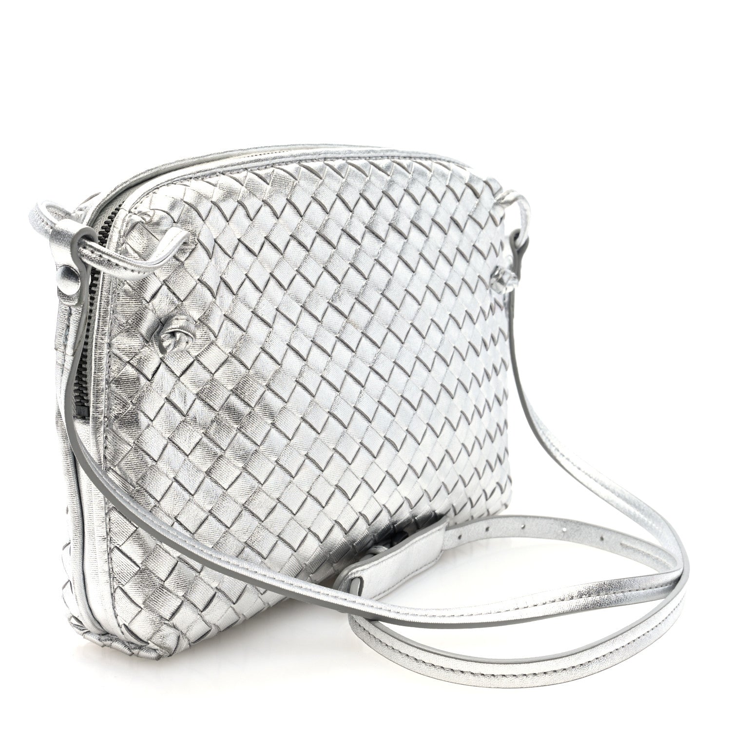Bottega Veneta Metallic Nappa Intrecciato Nodini Crossbody Messenger Silver 3 of 9