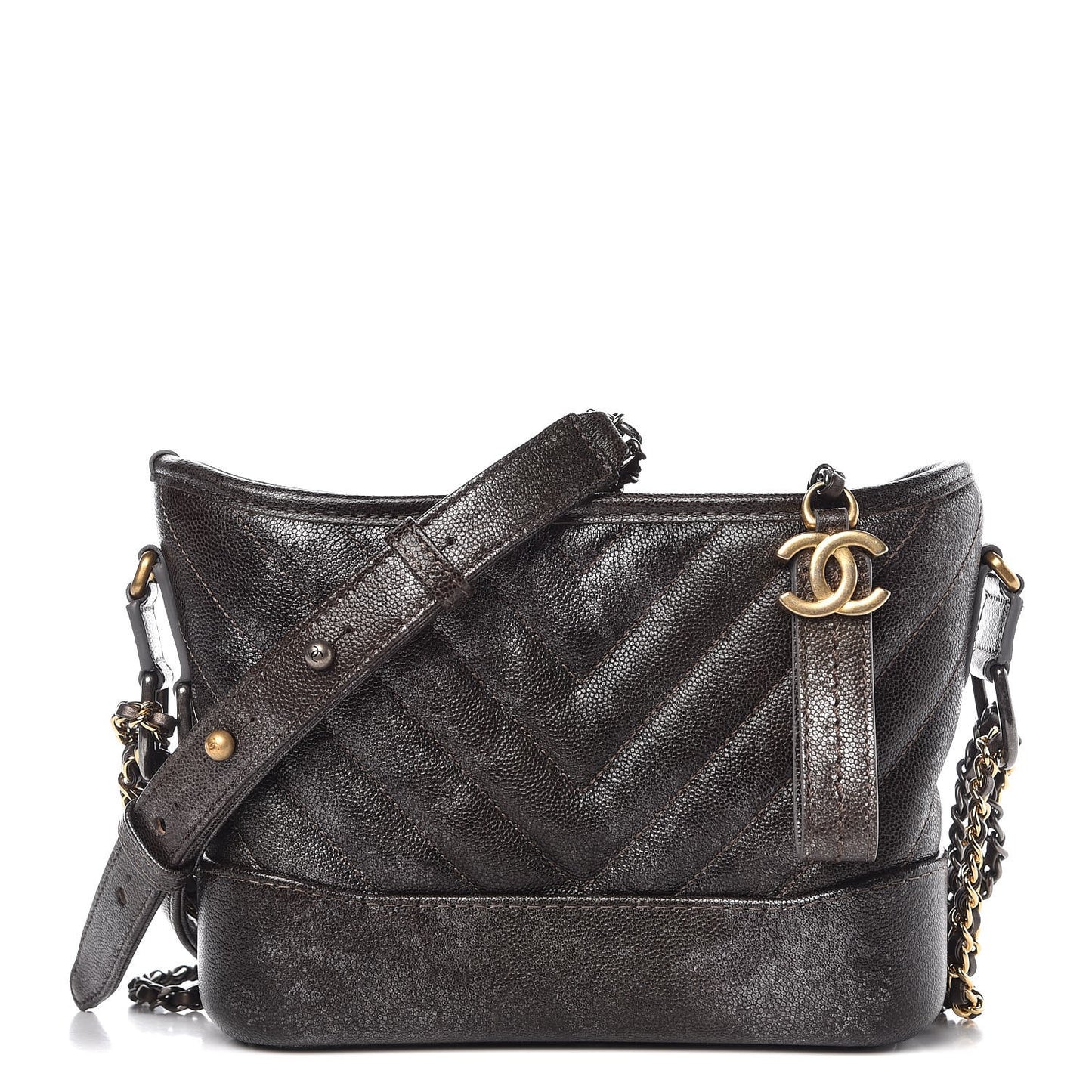 Metallic Grained Goatskin Chevron Quilted Small Gabrielle Hobo Dark Silver Gold