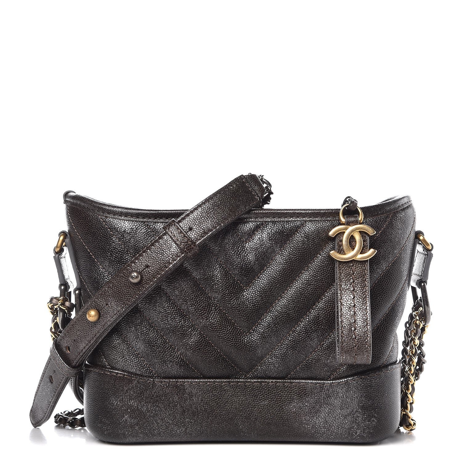 Chanel Metallic Grained Goatskin Chevron Quilted Small Gabrielle Hobo Dark Silver Gold 1 of 8