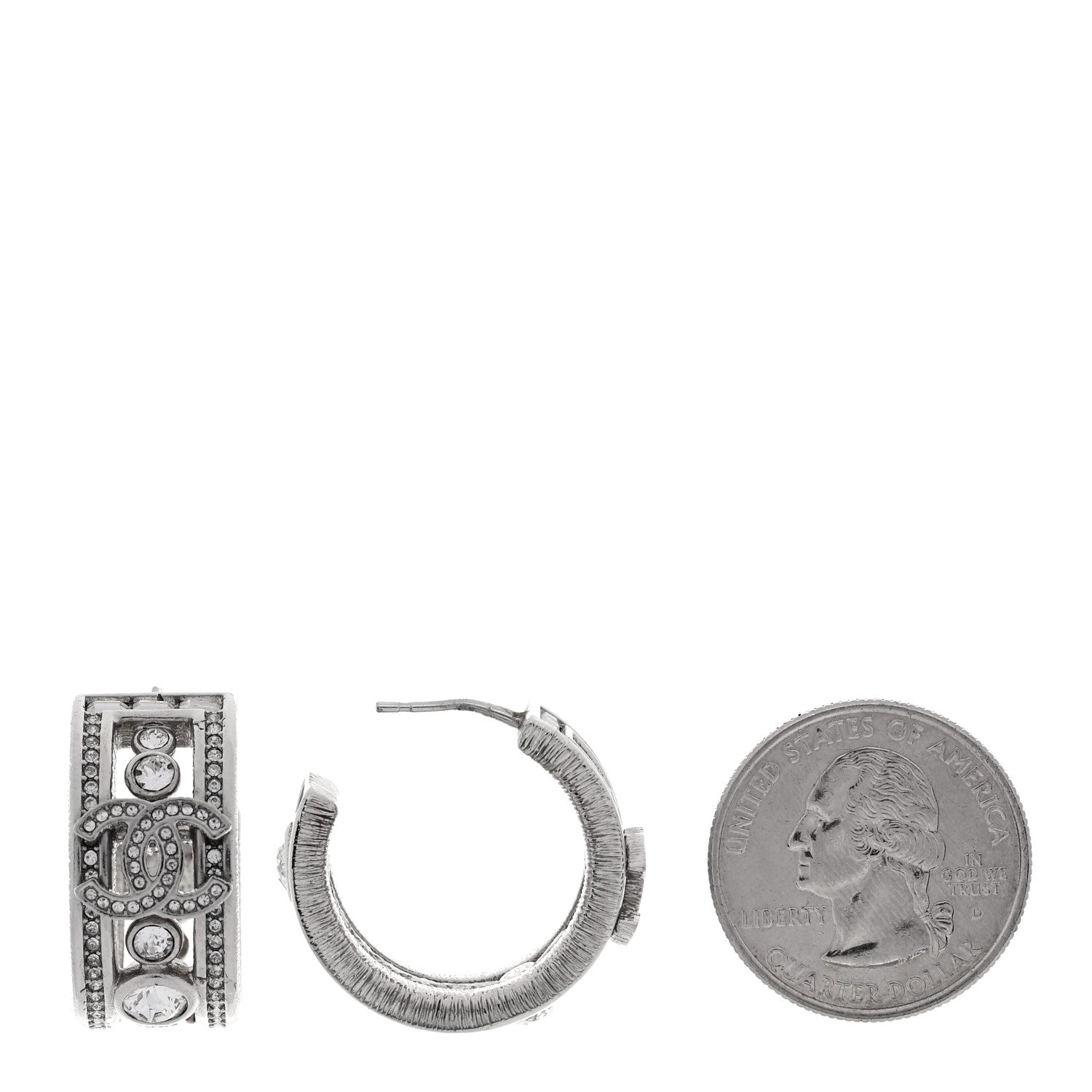 Chanel Metal Crystal CC Hoop Earrings Silver 2 of 4