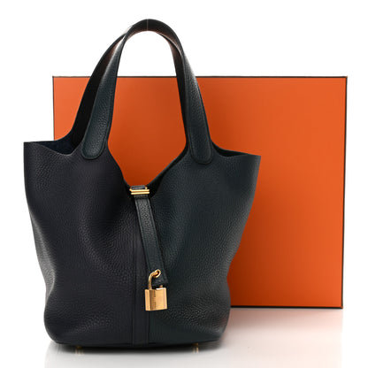 Hermes Taurillon Clemence Casaque Picotin Lock 22 MM Vert Cypres Bleu Nuit Black 13 of 13