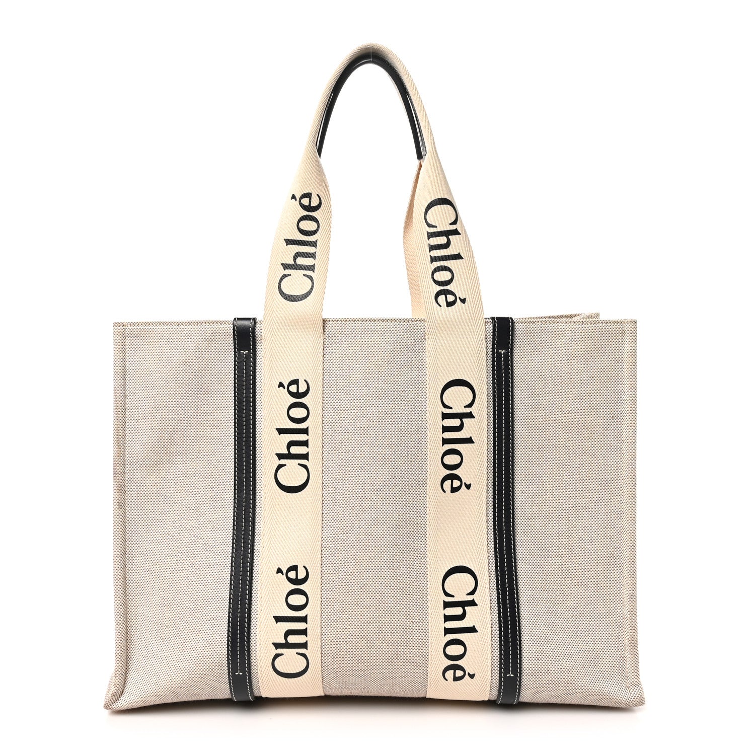 Chloe Cotton Calfskin Large Woody Ribbon Tote White Black 1 of 10