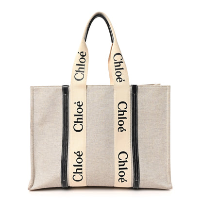 Chloe Cotton Calfskin Large Woody Ribbon Tote White Black 1 of 10