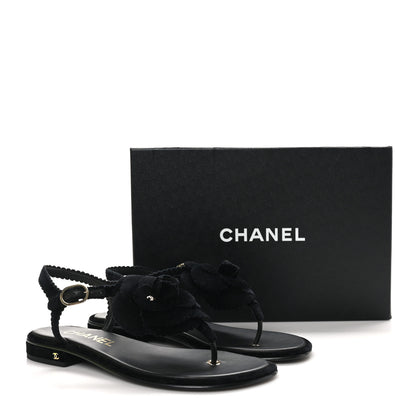 Chanel Velvet Pearl Camellia Thong Sandals 38 Black 10 of 10