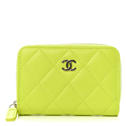 Chanel Lambskin Quilted Zip Around Coin Purse Wallet Neon Yellow 1 of 8
