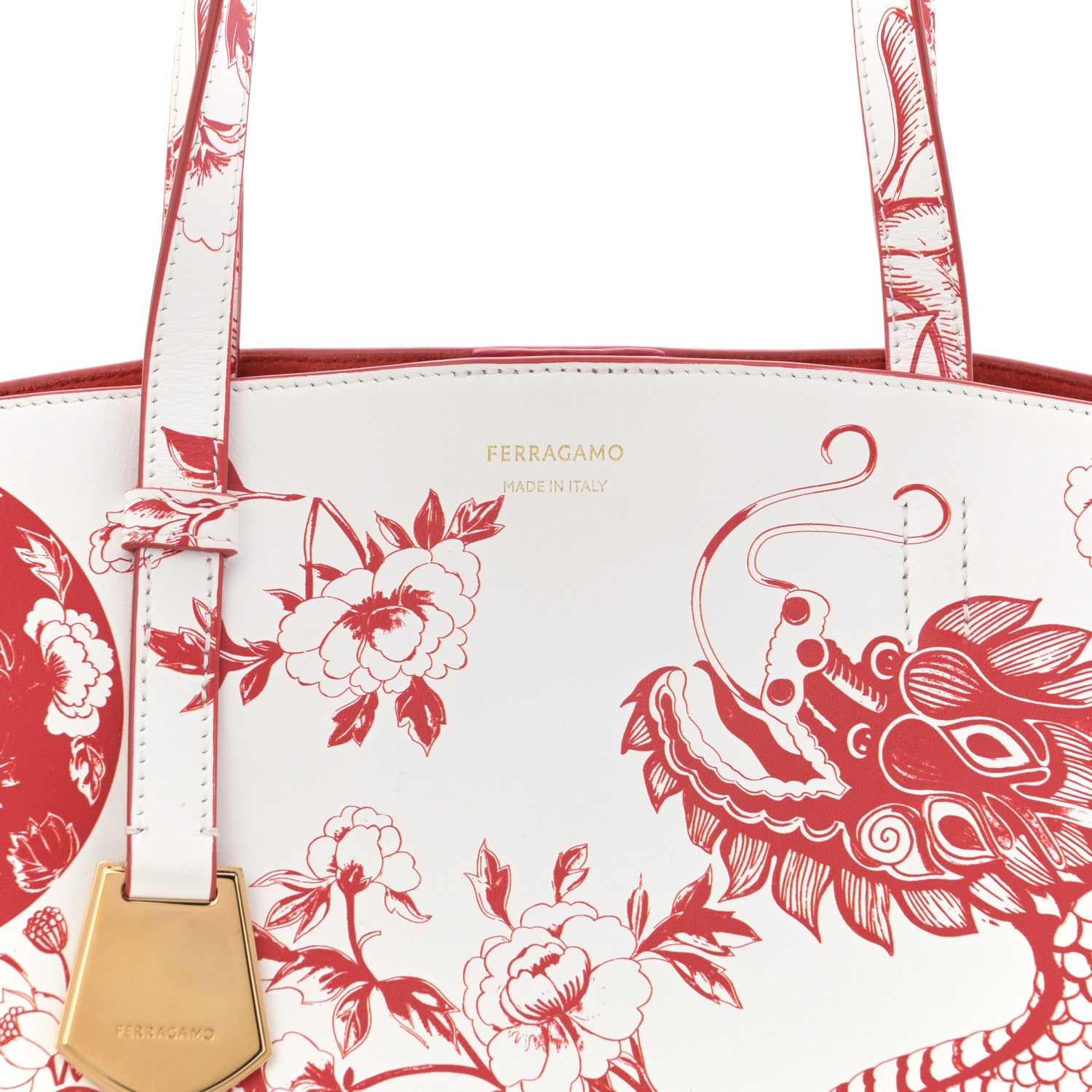 Salvatore Ferragamo Calfskin Floral Dragon Print Tote White Red 9 of 12