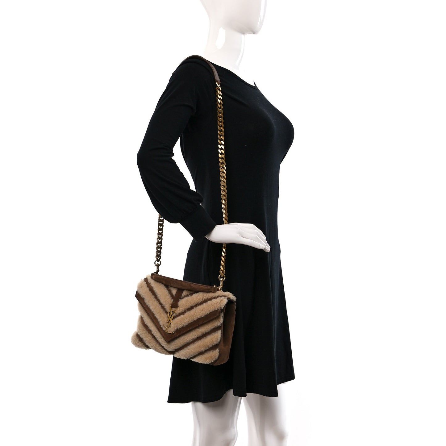 Nubuck Shearling Chevron Monogram Medium College Bag Dark Cigar Natural Beige