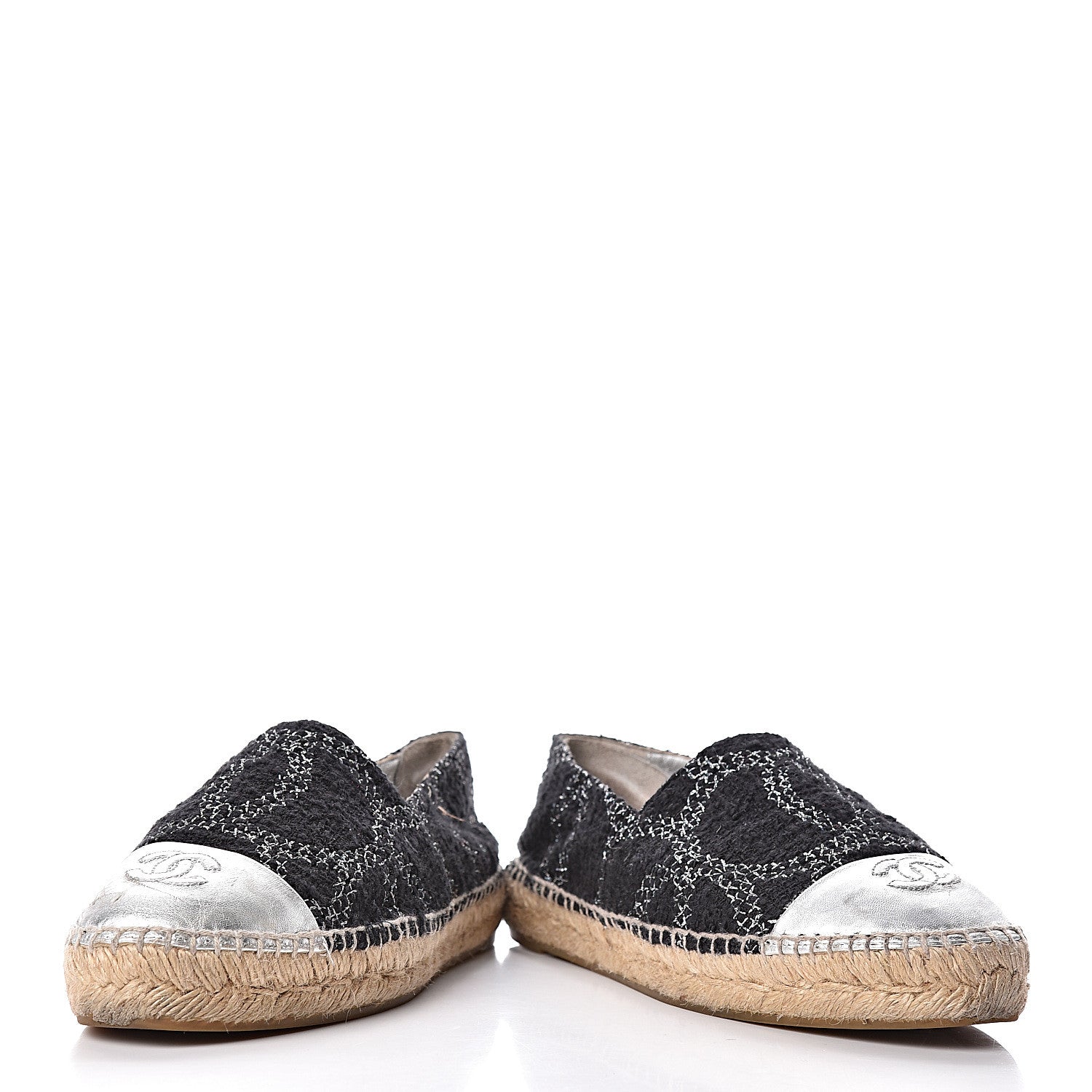 Chanel Metallic Tweed Lambskin CC Espadrilles 39 Black Silver 6 of 13