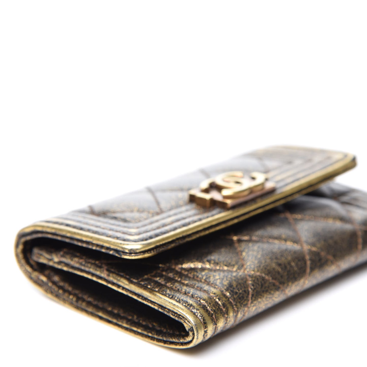 Cracked Metallic Calfskin Quilted Boy Flap Card Holder Wallet Gold