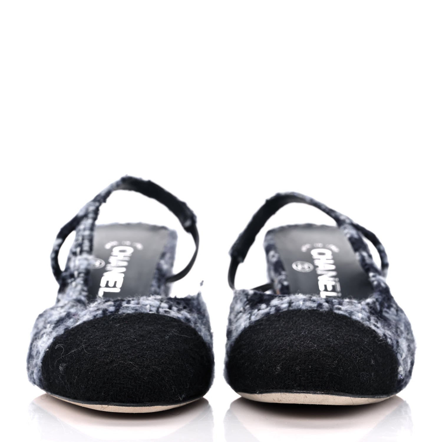 Chanel Tweed Cap Toe CC Slingback Pumps 38 Grey Black 2 of 8