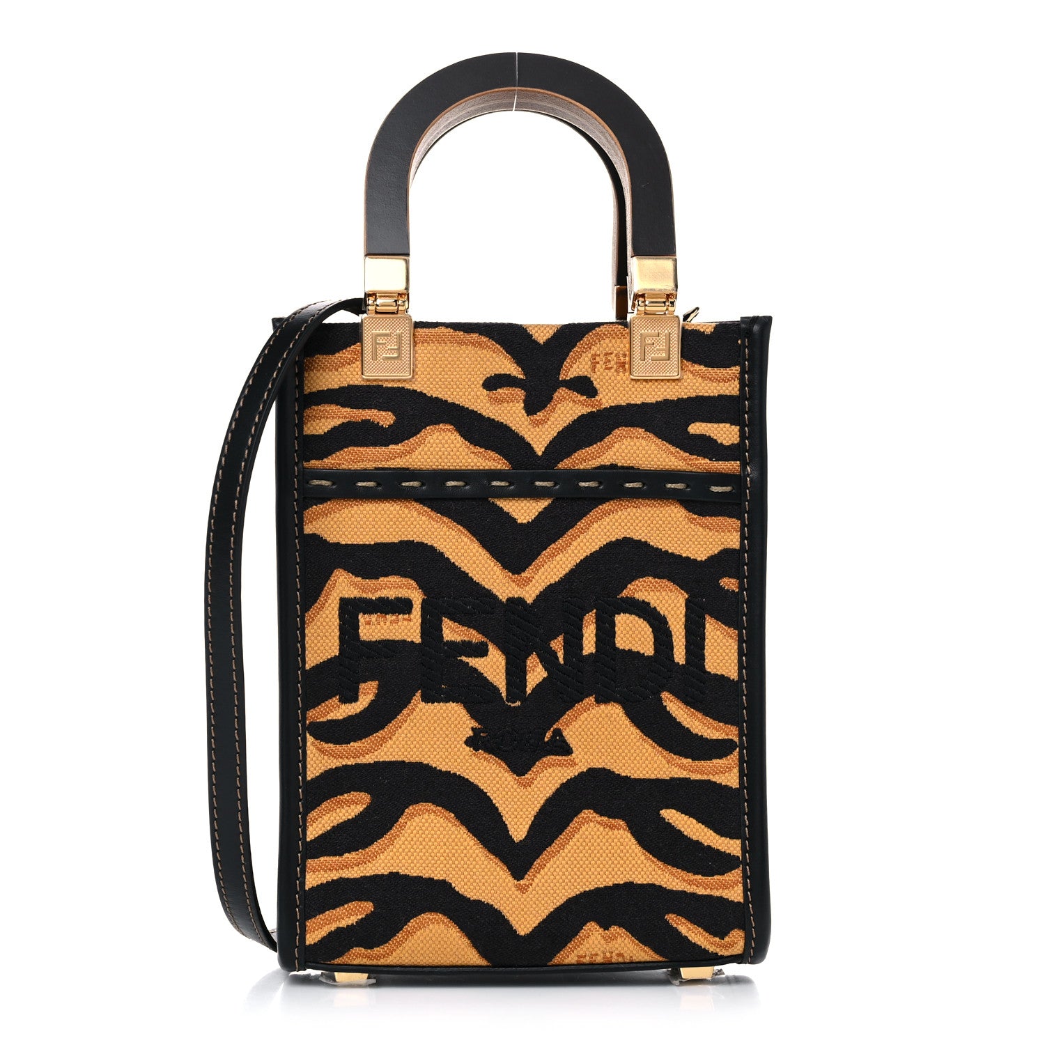Fendi Canvas Vitello King Chinese New Year Tiger Embroidered Fendi Sunshine Shopper Tote Black Dark Yellow 1 of 12