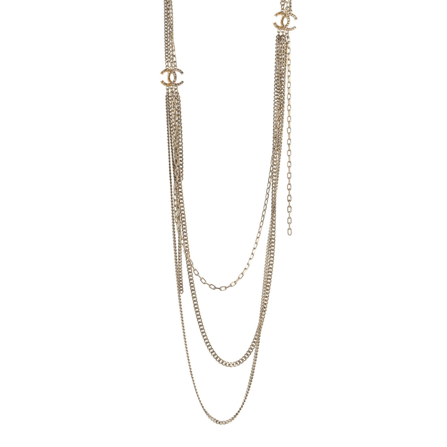 Chanel Baguette Crystal Gripoix Poured Glass CC Multi Strand Chain Necklace Light Gold 1 of 9