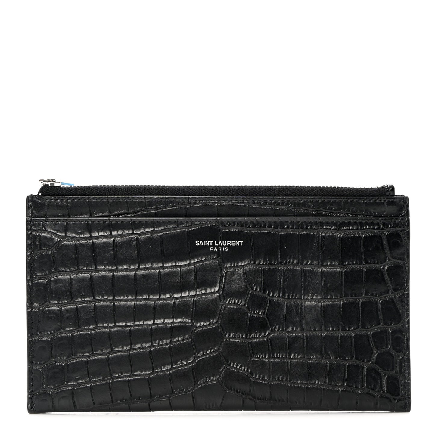 Calfskin Crocodile Embossed Zip Pouch Black