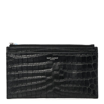 Saint Laurent Calfskin Crocodile Embossed Zip Pouch Black 1 of 9