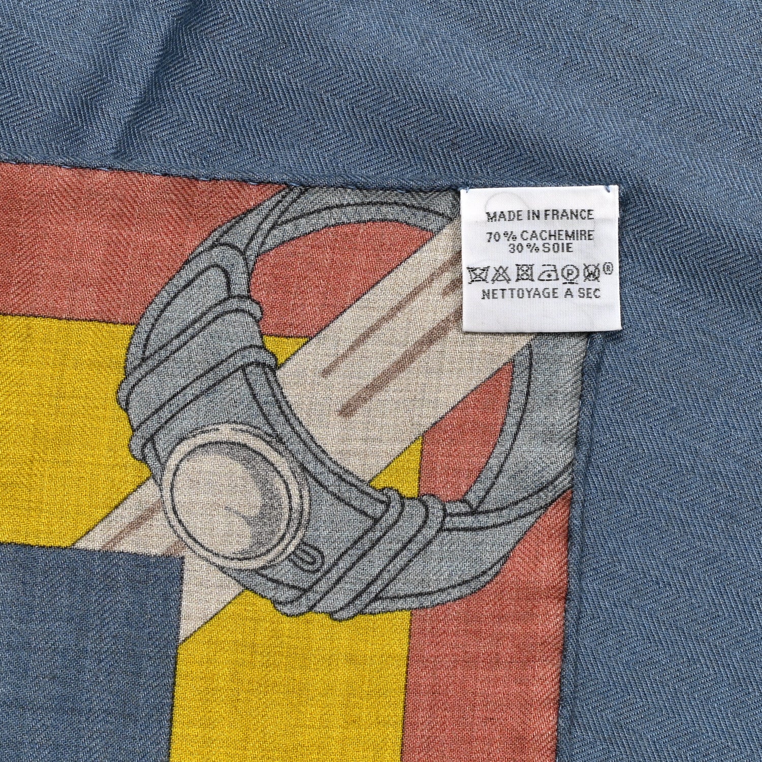 Hermes Cashmere Silk Encadre Eperon d'Or Scarf 90 Bleu Jean Jaune 4 of 4