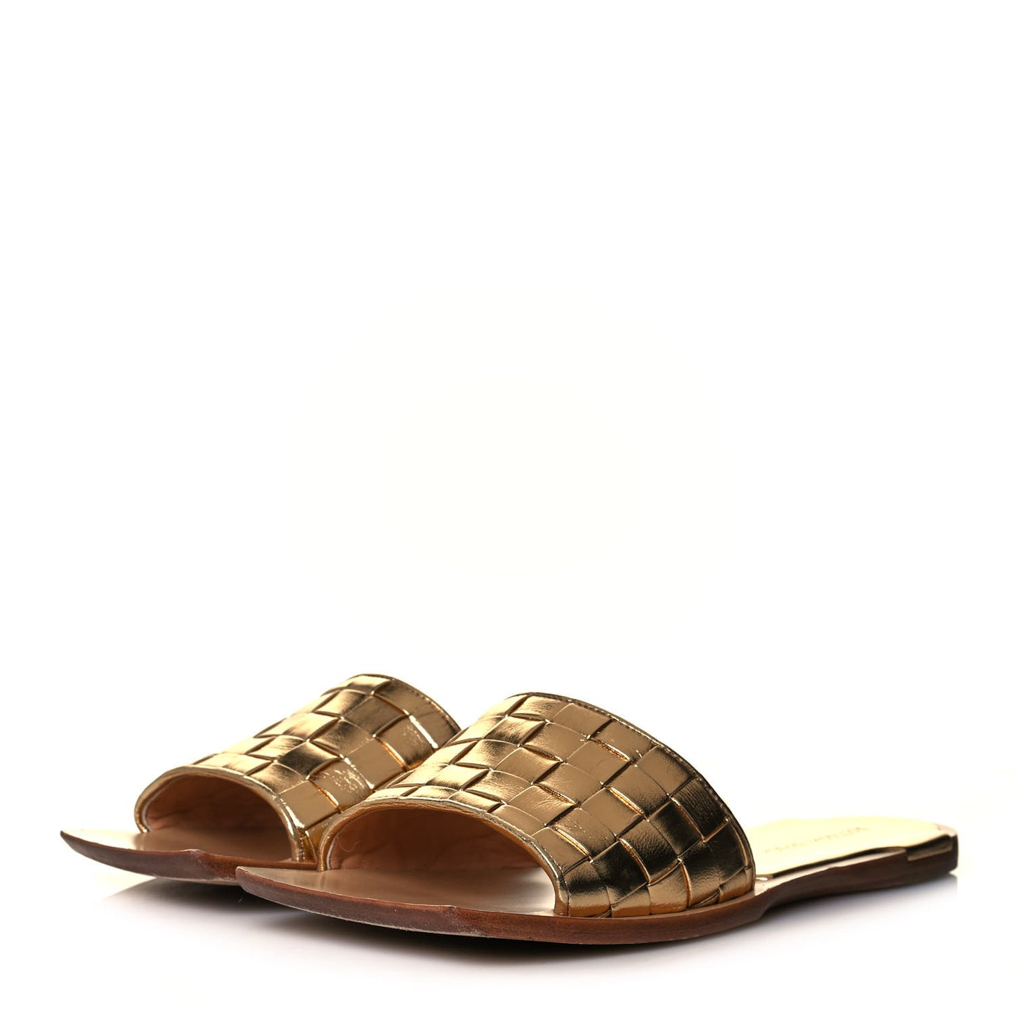 Laminated Nappa Intrecciato Squared Toe Flat Sandals 41 Gold
