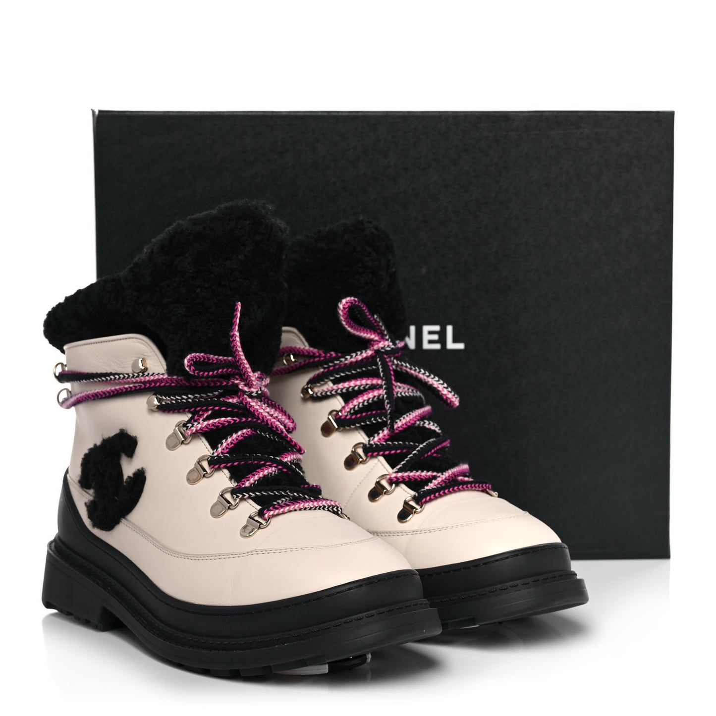 Calfskin Shearling CC Lace Up Boots 40.5 Light Beige Black
