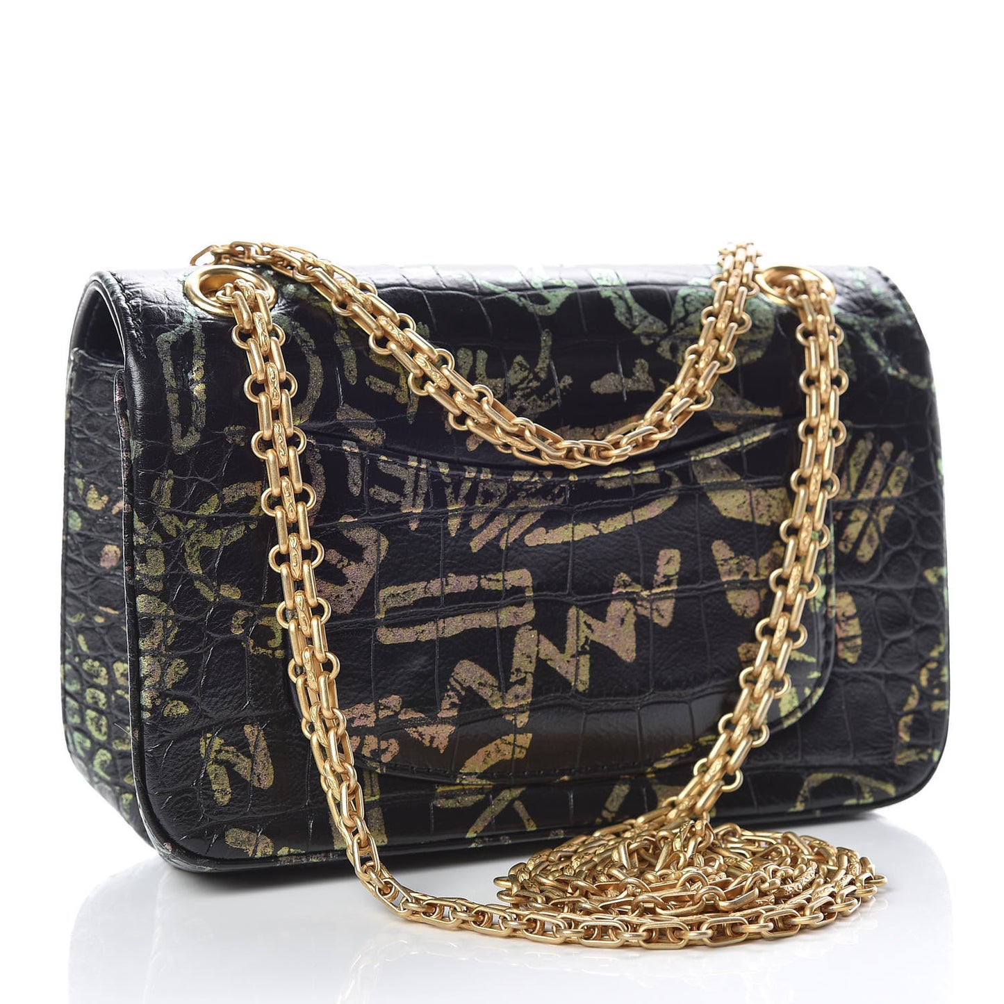 Calfskin Crocodile Embossed Graffiti 2.55 Mini Cocodile Reissue Flap Black Gold