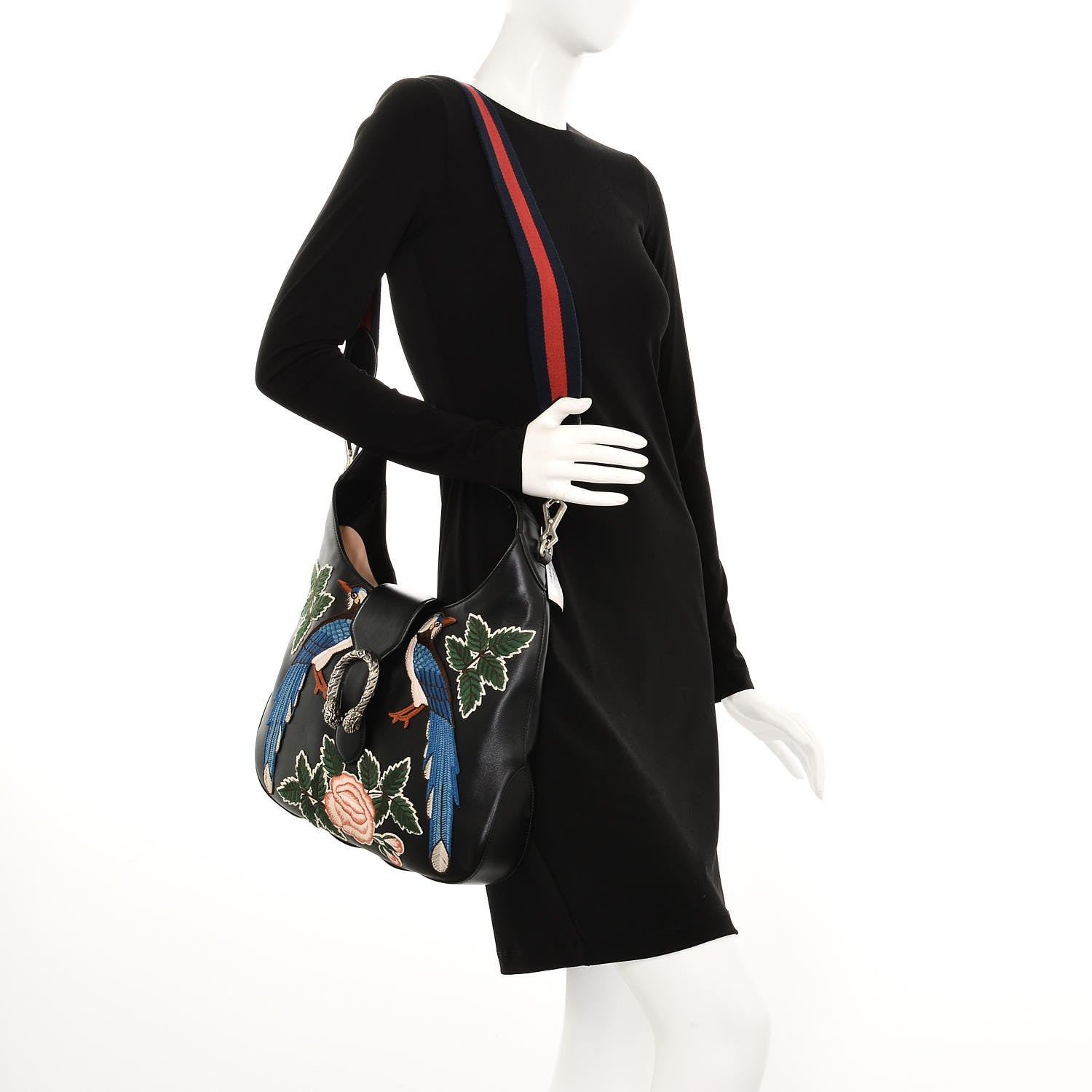 Gucci Calfskin Web Garden Collection Embroidered Medium Dionysus Hobo Black 2 of 7