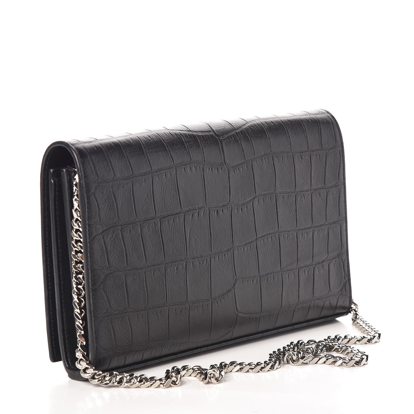 Calfskin Crocodile Embossed Monogram Chain Wallet Black