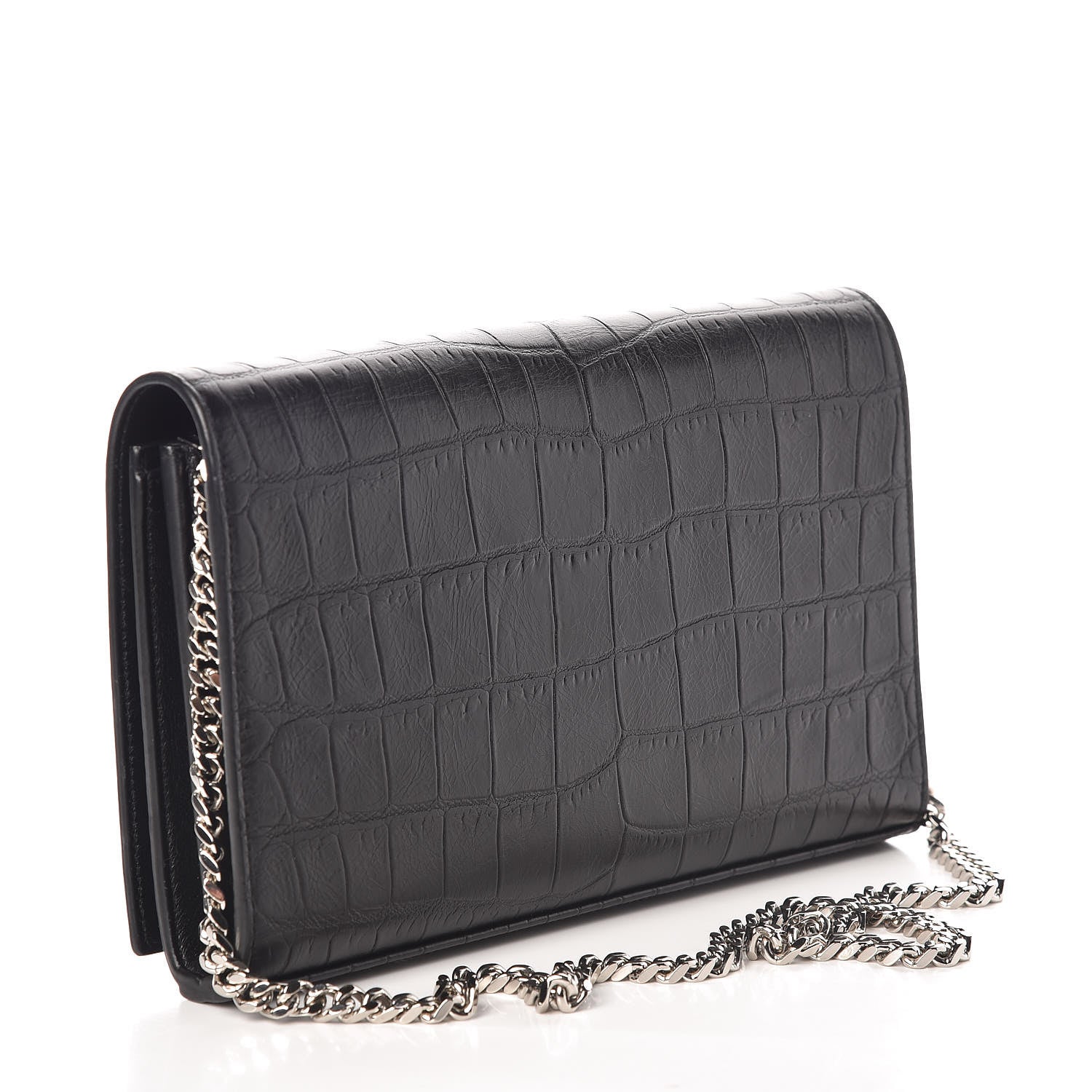 Saint Laurent Calfskin Crocodile Embossed Monogram Chain Wallet Black 3 of 11
