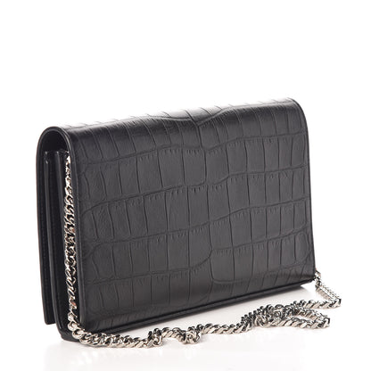 Saint Laurent Calfskin Crocodile Embossed Monogram Chain Wallet Black 3 of 11