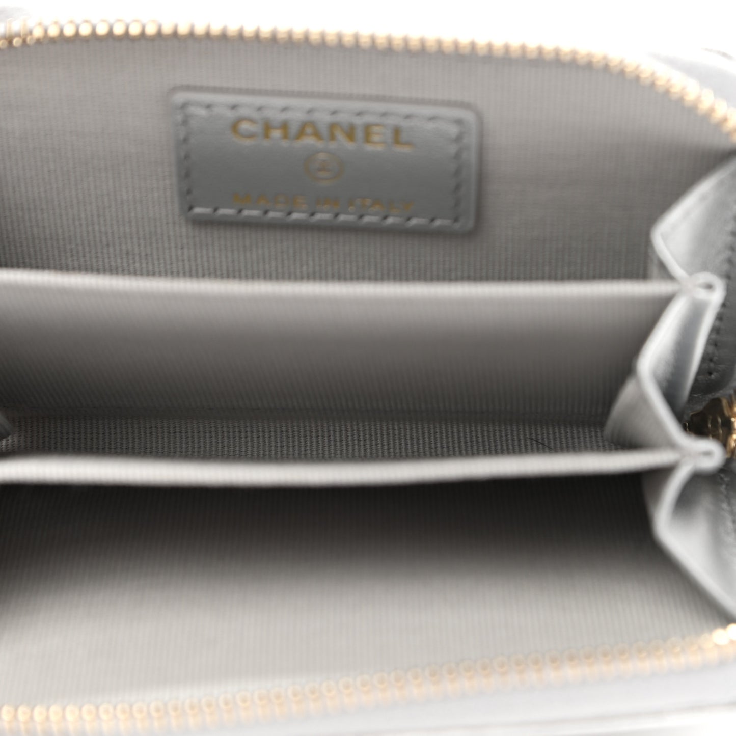 Metallic Lambskin Quilted Chanel 19 Zip Around Coin Purse Wallet Silver