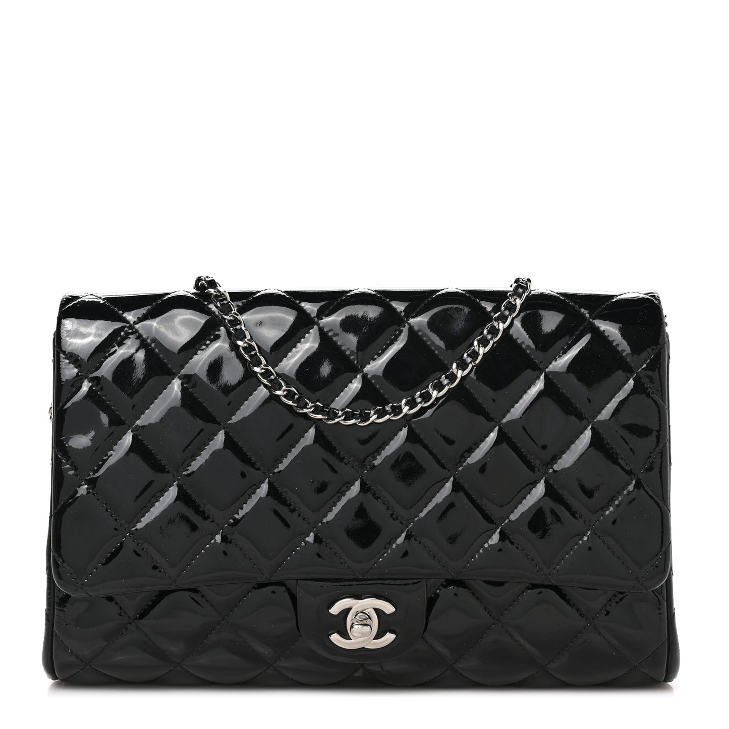 Patent Quilted Clutch with Chain Flap Black