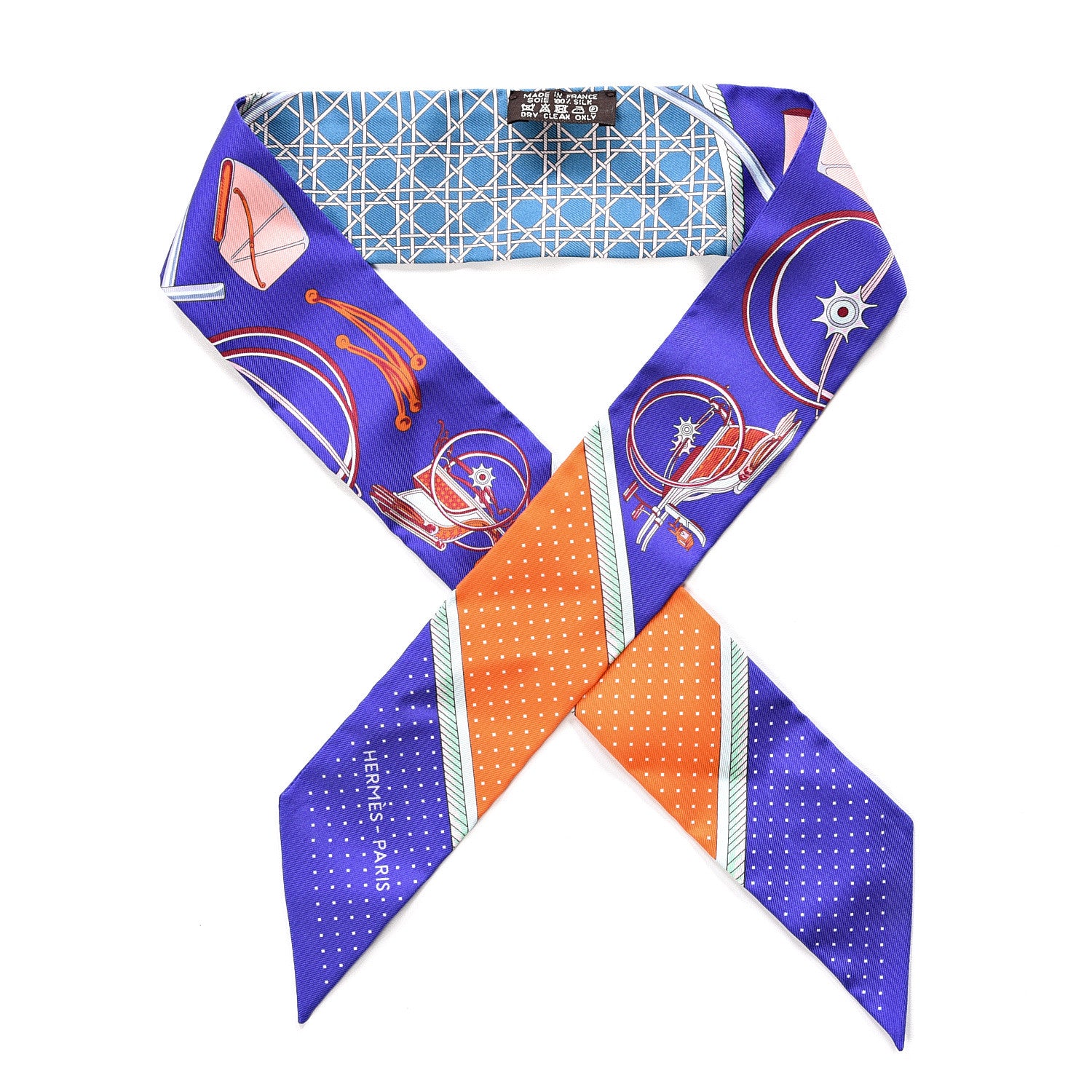 Hermes Silk Les Voitures A Transformation Twilly Ultra Violet Orange Cobalt 1 of 3