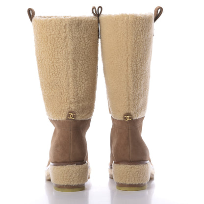 Chanel Shearling Suede Calfskin High Boots 37 Brown Beige 5 of 9