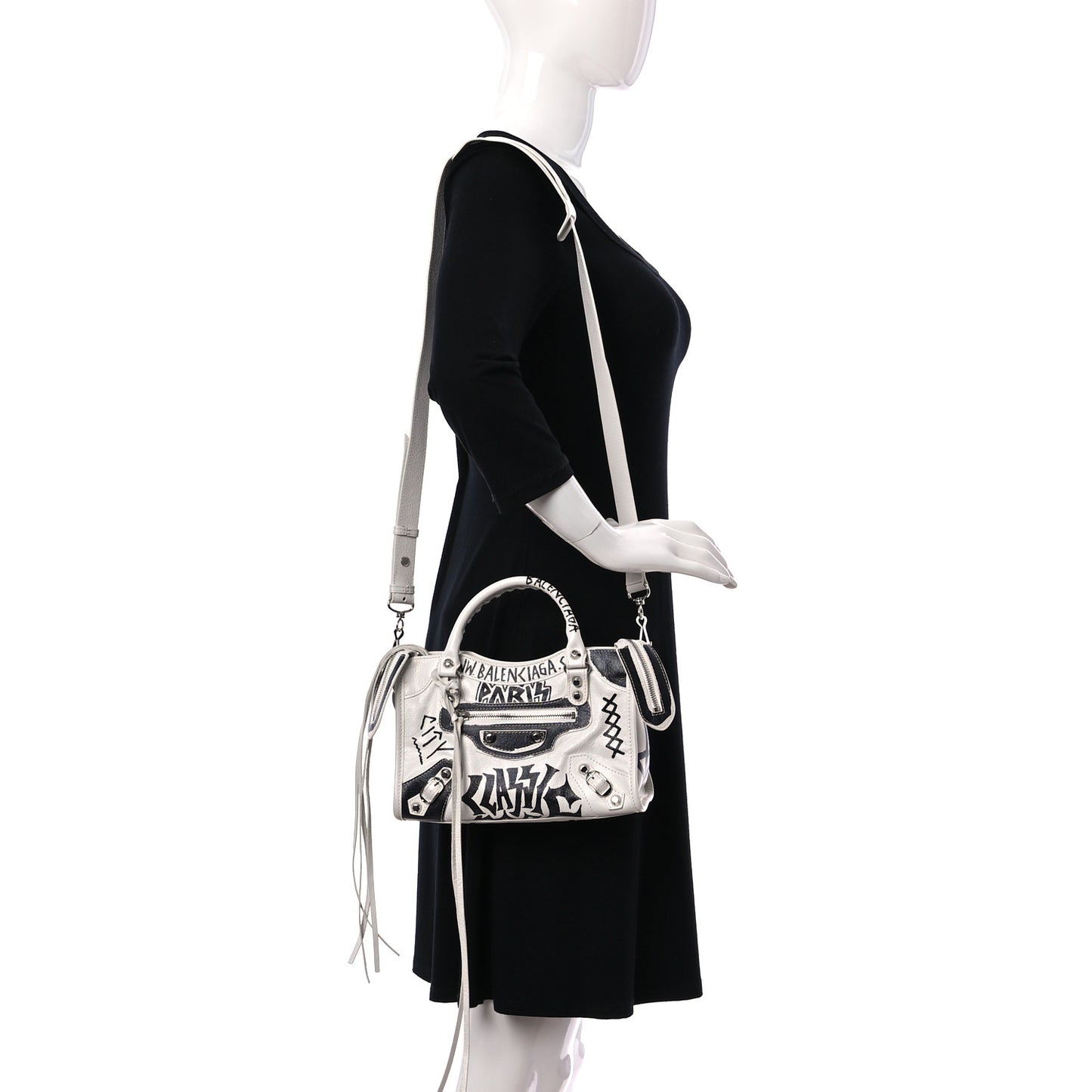 Agneau Arena Graffiti All Over Classic Silver Hardware Mini City White Black