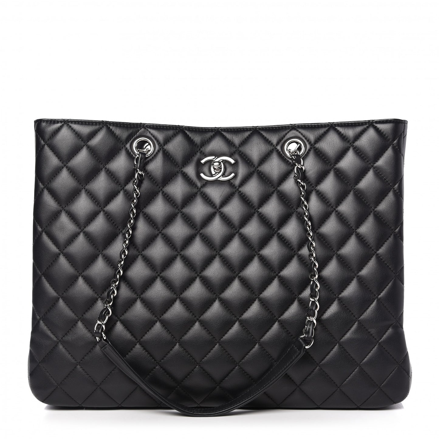 Calfskin Quilted Large CC Shopping Tote Black