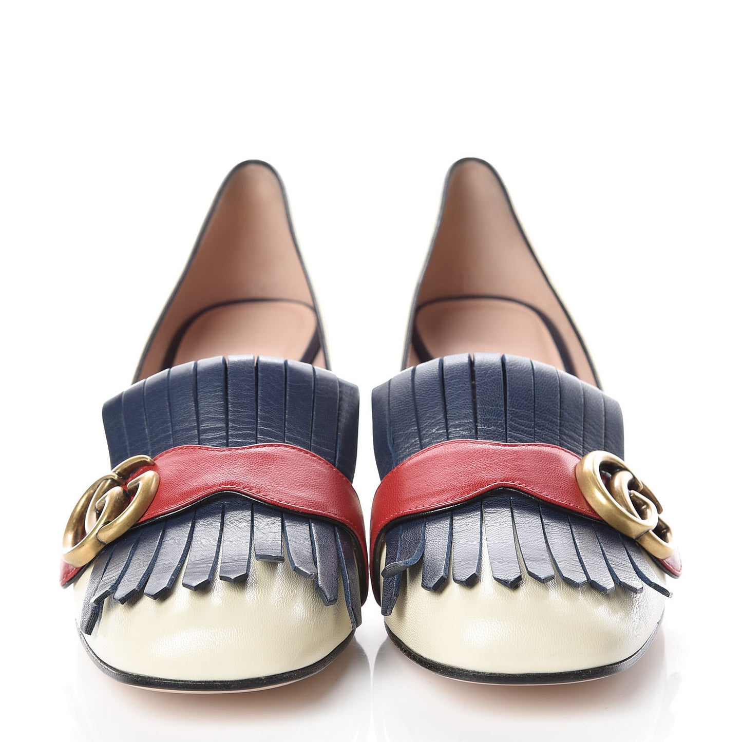 Malaga Kid GG Marmont Fringe 50mm Loafer Pumps 39 Vintage White Blue Ink Hibiscus Red