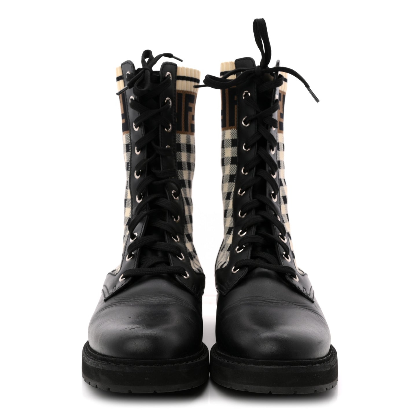 Vitello Stretch Fabric FF Vichy Rockoko Biker Boots 39 Black Crema Tobacco