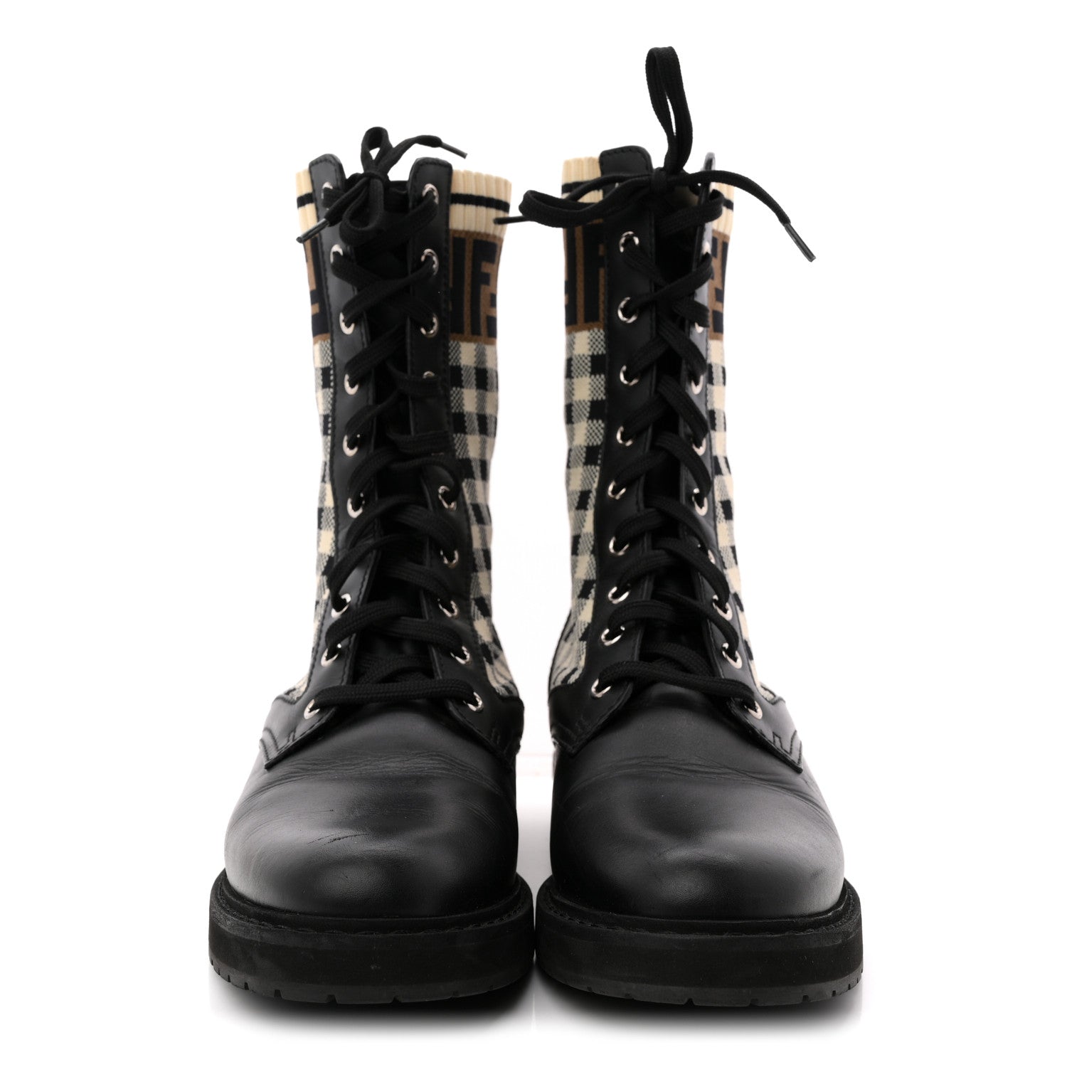 Fendi Vitello Stretch Fabric FF Vichy Rockoko Biker Boots 39 Black Crema Tobacco 3 of 13