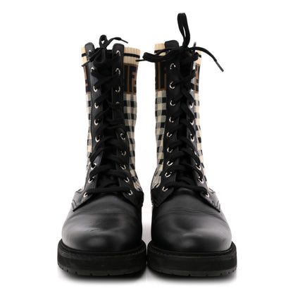 Fendi Vitello Stretch Fabric FF Vichy Rockoko Biker Boots 39 Black Crema Tobacco 3 of 13