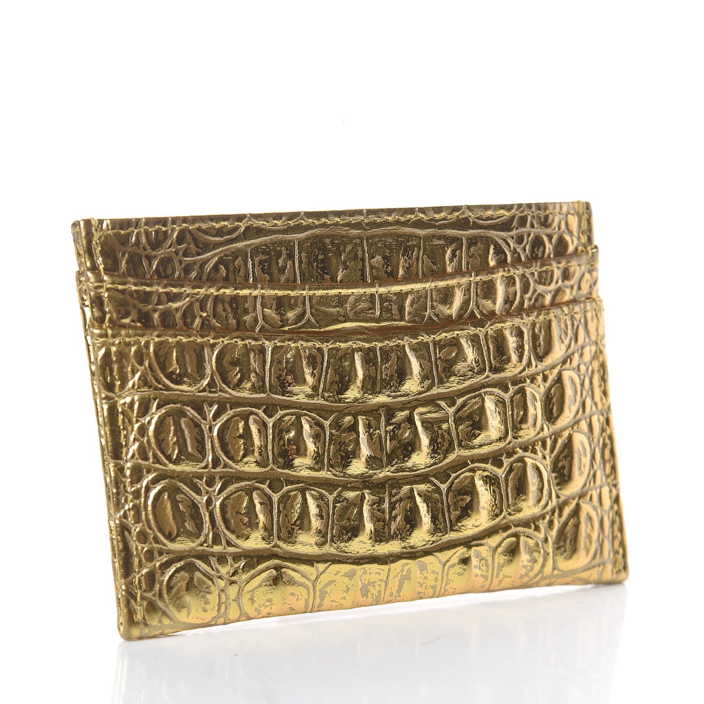 Metallic Calfskin Crocodile Embossed Cocodile Card Holder Gold