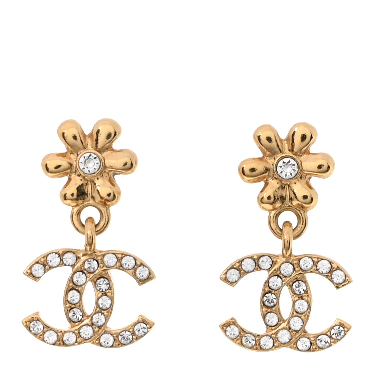 Chanel Crystal CC Flower Drop Earrings Gold 1 of 5