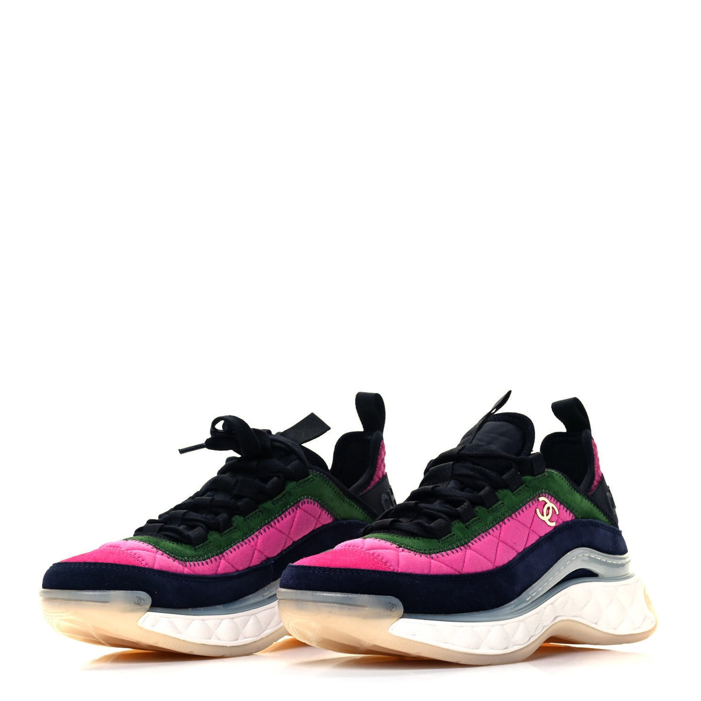Velvet Calfskin Mixed Fibers CC Sneakers 38 Dark Pink Green