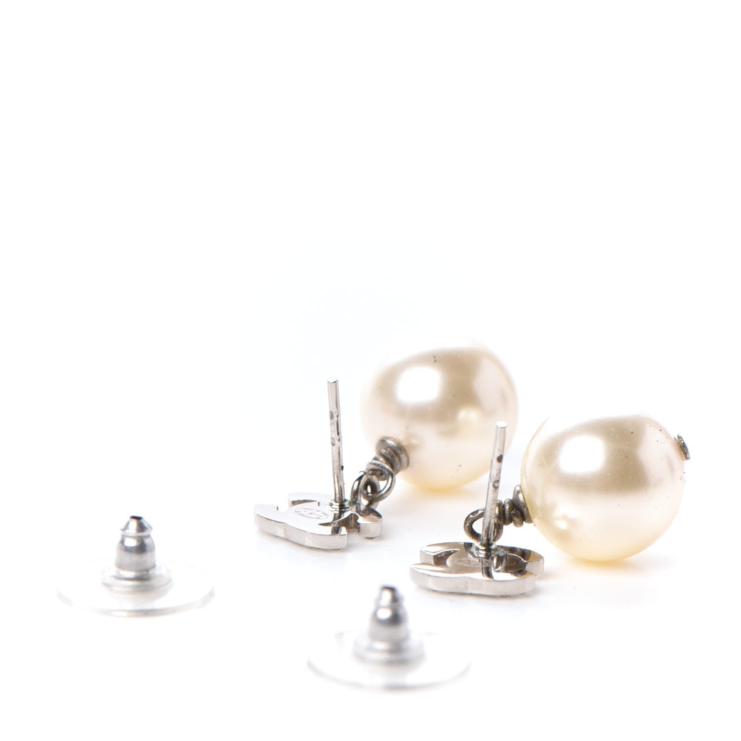 Chanel Crystal Pearl CC Drop Earrings Silver Pearly White 3 of 6