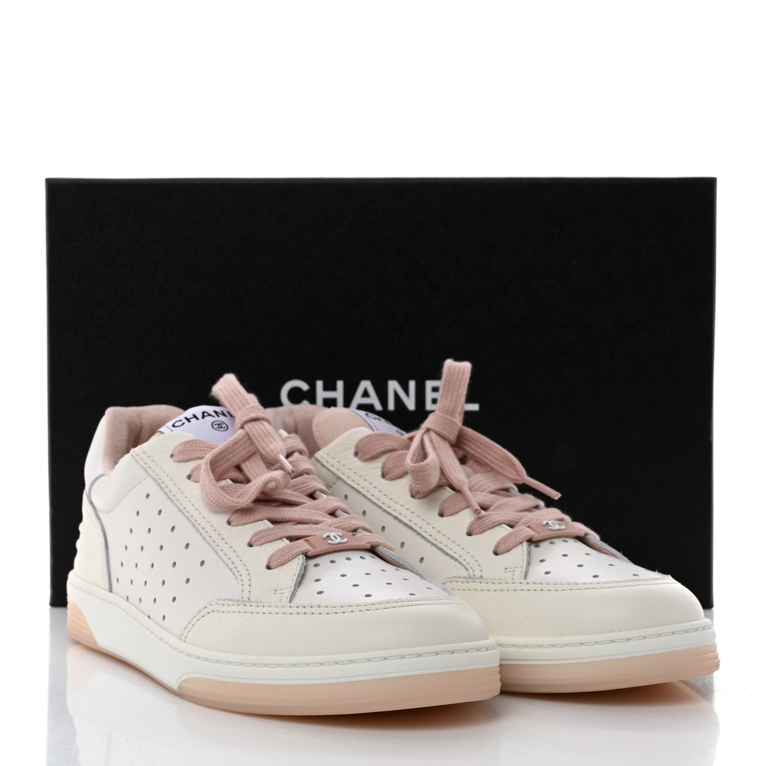 Chanel Grained Calfskin Fabric Womens Logo Sneakers 40 White Light Pink 10 of 10